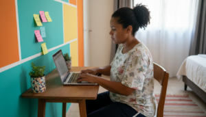 Mulher negra criando propostas comerciais usando ChatGPT em home office simples