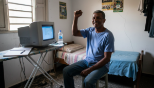 Freelancer comemorando primeiro cliente conquistado trabalhando de casa