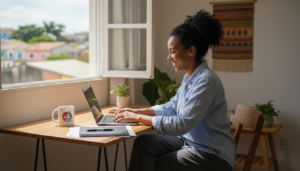 Profissional trabalhando como freelancer em home office em 2026